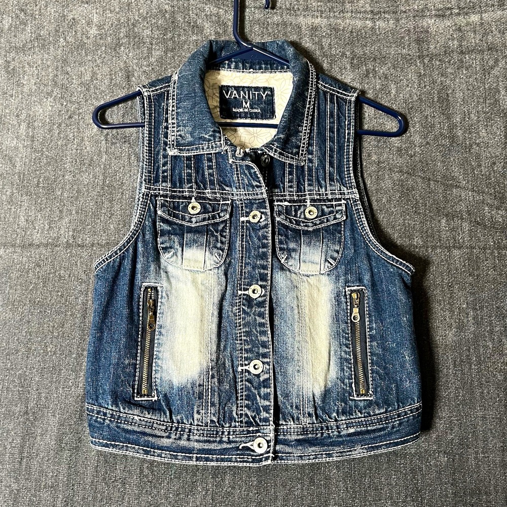 Vanity Womens M Blue Sleeveless Vest Full Button Front Pockets